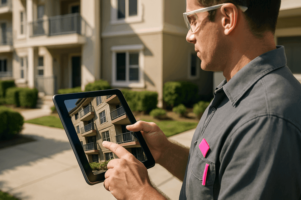 Property manager’s hands holding tablet inspecting modern apartment building exterior